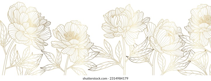 Luxury golden peony flower line art background vector. Natural botanical elegant flower with gold line art. Design illustration for decoration, wall decor, wallpaper, cover, banner, poster, card.