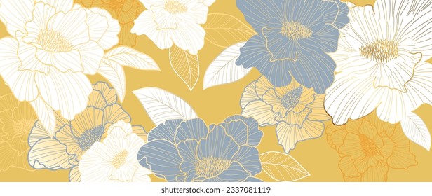 Luxury golden peony flower line art background vector. Natural botanical elegant flower with gold line art. Design illustration for decoration, wall decor, wallpaper, cover, banner, poster, card.