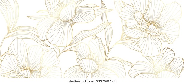 Luxury golden peony flower line art background vector. Natural botanical elegant flower with gold line art. Design illustration for decoration, wall decor, wallpaper, cover, banner, poster, card.