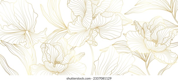 Luxury golden peony flower line art background vector. Natural botanical elegant flower with gold line art. Design illustration for decoration, wall decor, wallpaper, cover, banner, poster, card.