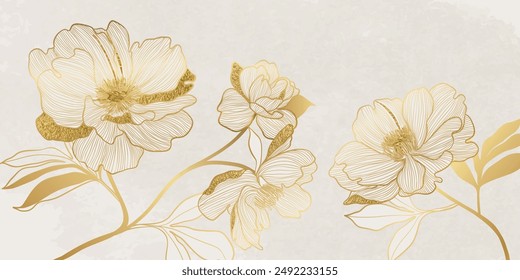 Luxury golden peony flower line art on white background vector. Natural botanical elegant flower with gold foil texture. Design illustration for decoration, wall decor, wallpaper, cover, banner.