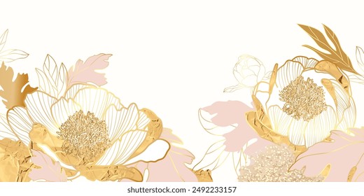 Arte de la línea de la flor de la peonía dorada de lujo en Vector de fondo blanco. Flor botánica natural elegante con textura de lámina de oro. Ilustración de diseño para decoración, decoración de pared, Fondo de pantalla, cubierta, Anuncio.