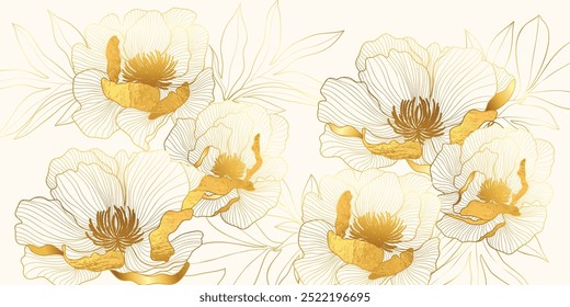 Luxo ouro peônia flor linha arte no vetor de fundo bege. Flor elegante botânica natural com textura de folha de ouro. Ilustração de design para decoração, decoração de parede, papel de parede, capa, banner.