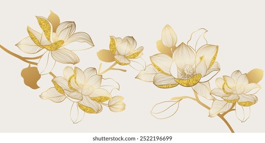 Luxo ouro peônia flor linha arte no vetor de fundo bege. Flor elegante botânica natural com textura de folha de ouro. Ilustração de design para decoração, decoração de parede, papel de parede, capa, banner.