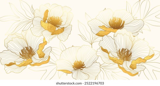 Luxury golden peony flower line art on beige background vector. Natural botanical elegant flower with gold foil texture. Design illustration for decoration, wall decor, wallpaper, cover, banner.