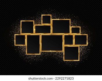  Luxury golden photo collage with sparkle particles. Shiny comics page grid layout. Golden frame for photos and pictures, photo collage, photo puzzle.