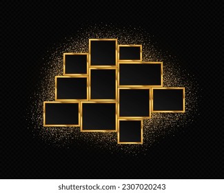 Luxury golden photo collage with sparkle particles. Shiny comics page grid layout.