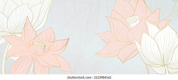 Luxury golden and pink lotus flowers on white background in line art style. Botanical beauty, floral art banner in gold color