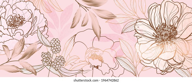 Luxury golden pink tropical and summer flower background wall art vector design home decorate 