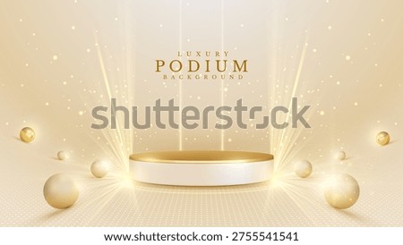 Luxury golden podium background with 3D sphere balls and glowing light rays. Elegant gold stage stand for product display presentation with glitter sparkles decorations. Vector illustration.