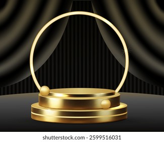 luxury golden podium for product with black satin curtains, product presentation on premium wall background