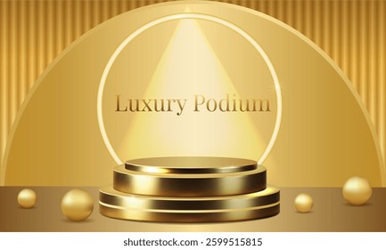 luxury golden podium for product with golden spheres, product presentation on golden wall background