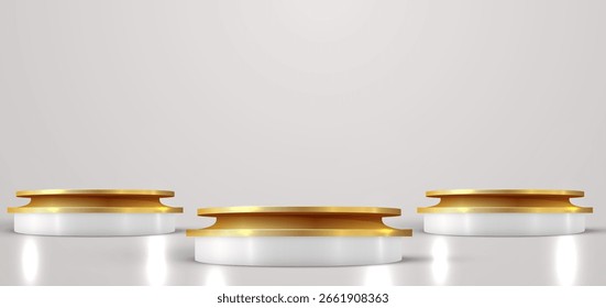 Fondo de escena de podio dorado de lujo. Producto de presentación, maqueta, podio ganador, pedestal de escenario o andén. Ilustración vectorial