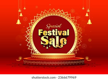 Luxury, golden, podium, stage, product display design with special festive sale text and Indian traditional background.