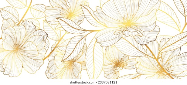 Luxury golden poppy flower line art background vector. Natural botanical elegant flower with gold line art. Design illustration for decoration, wall decor, wallpaper, cover, banner, poster, card.