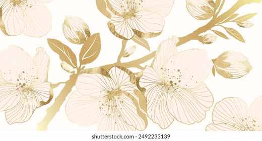 Arte de la línea de la amapola dorada de lujo en Vector de fondo blanco. Flor botánica natural elegante con textura de lámina de oro. Ilustración de diseño para decoración, decoración de pared, Fondo de pantalla, cubierta, Anuncio.