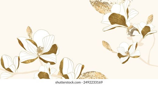 Luxury golden poppy flower line art on white background vector. Natural botanical elegant flower with gold foil texture. Design illustration for decoration, wall decor, wallpaper, cover, banner.