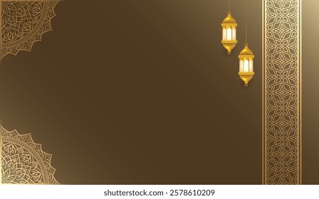 luxury golden ramadan kareem eid mubarak arabesque border islamic background banner with corner shape. Translation: "Muslim fasting month and celebration day".