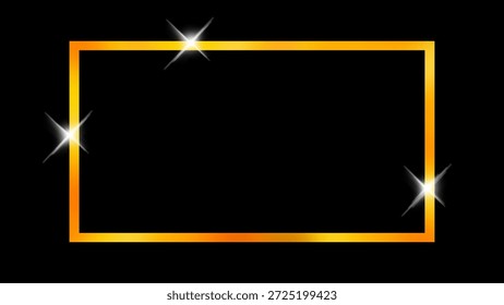 Luxuriöser goldener Rechteckrahmen mit funkelnden Effekten auf schwarzem Hintergrund für elegantes Branding, Award-Design, Werbegestaltung, Präsentationsfolien und Posterverwendung