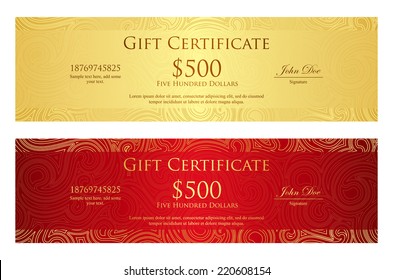 Luxury golden and red gift certificate with swirl pattern