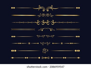 El conjunto de los divisores dorados y retro de lujo. Vector de elementos de diseño caligráfico.