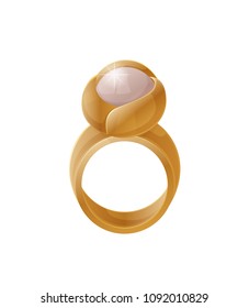 Luxury golden ring with bright pearl color banner isolated on white backdrop jewerly, expensive wealth decorated by gold elements vector illustration