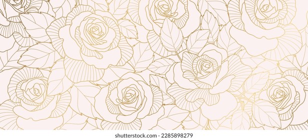 Luxury golden rose flower line art background vector. Natural botanical elegant flower with gold line art. Design illustration for decoration, wall decor, wallpaper, cover, banner, poster, card.