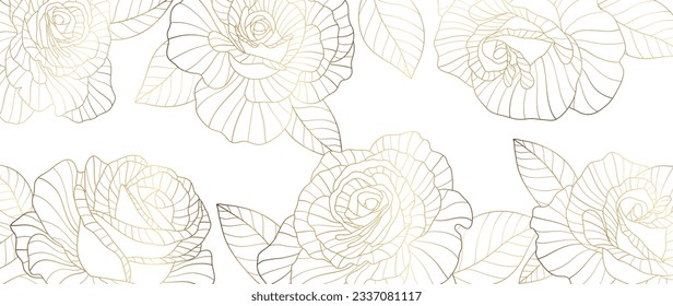 Luxury golden rose flower line art background vector. Natural botanical elegant flower with gold line art. Design illustration for decoration, wall decor, wallpaper, cover, banner, poster, card.