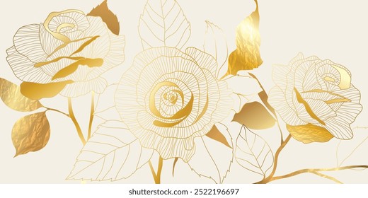 Luxury golden rose flower line art on beige background vector. Natural botanical elegant flower with gold foil texture. Design illustration for decoration, wall decor, wallpaper, cover, banner.