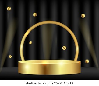 luxury golden round podium for product, pedestal on black floor against the backdrop of smooth satin black curtains.