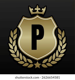 Luxury Golden Royal Emblem Monogram Badge in Crown with Letter P in Crest Shield and Laurel Wreath on Black Background