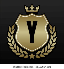 Luxury Golden Royal Emblem Monogram Badge in Crown with Letter Y in Crest Shield and Laurel Wreath on Black Background