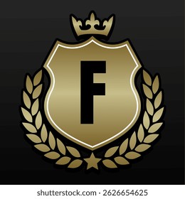 Luxury Golden Royal Emblem Monogram Badge in Crown with Letter F in Crest Shield and Laurel Wreath on Black Background