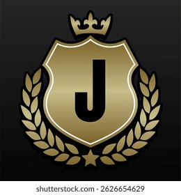 Luxury Golden Royal Emblem Monogram Badge in Crown with Letter J in Crest Shield and Laurel Wreath on Black Background