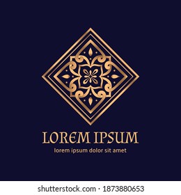 Luxury golden royal pattern vector element. Premium arabesque tile motif. Arabic design for New Year emblem, beauty spa salon logo, Christmas label, holiday ornament, wedding party.