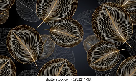 
Luxury golden seamless floral pattern with calathea leaves.