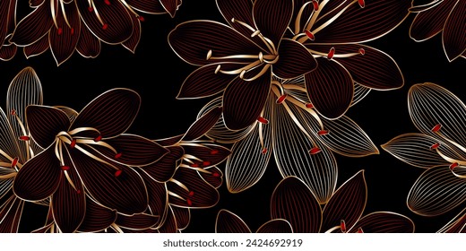 Luxury golden seamless floral pattern  with leaves  and clivia flower.