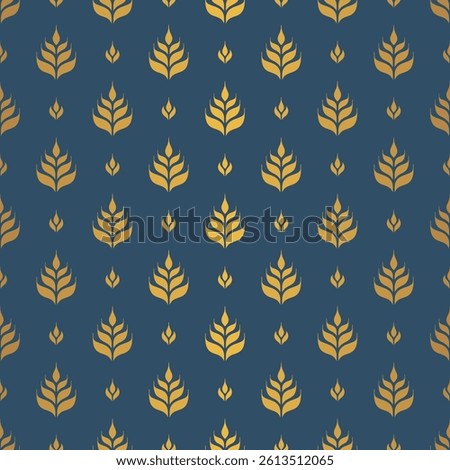 Luxury golden seamless pattern background with stylized leaves and flowers or cereals elements. Vintage Asian or Arabian style backdrop. Seamless pattern with gold wheat ears on dark blue background.