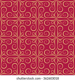 Luxury Golden Seamless Pattern on Red Background. Vector lines design for wallpaper print, textile, furniture, fashion, wedding invitations, greetings. Vector swirl pattern, elegant style.