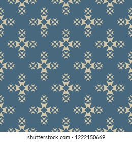 Luxury golden seamless pattern with small crosses, simple floral shapes. Vector abstract gold and blue geometric texture. Elegant ornamental background. Design for decor, textile, wallpapers, fabric