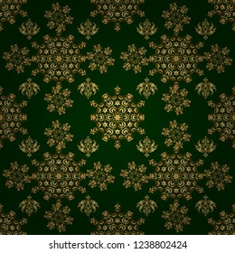Luxury golden seamless pattern with stars. Gold decorations. Star pattern on a green backdrop, golden vintage ornament. Vector seamless background.