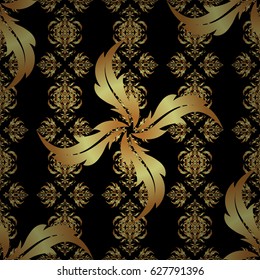Luxury golden seamless pattern with stars. Gold decorations. Vector seamless background. Star pattern on a black backdrop, golden vintage ornament.