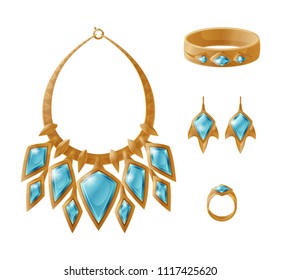 Luxury golden set with necklace, earrings decorated by precious stones, wedding ring and bracelet vector isolated on white. Models of jewelry accessories