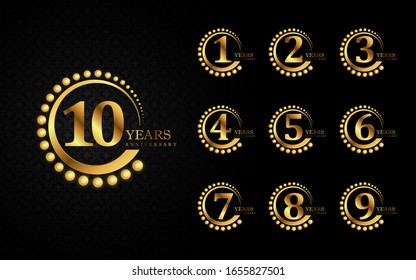 Luxury golden of set number logotype and emblem for anniversary celebration event. Vector design can use for booklet, leaflet, magazine, poster, web, invitation, greeting card