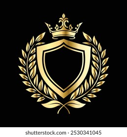 Escudo dourado de luxo com coroa e coroa de louros. Heráldico Brasão de Armas logotipo decorativo ilustração vetorial isolada.