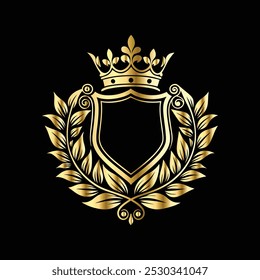 Escudo dorado de lujo con corona y corona de laurel. Escudo heráldico de armas logo decorativo Ilustración vectorial aislada.