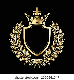 Escudo dorado de lujo con corona y corona de laurel. Escudo heráldico de armas logo decorativo Ilustración vectorial aislada.