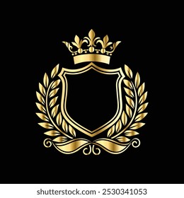 Escudo dorado de lujo con corona y corona de laurel. Escudo heráldico de armas logo decorativo Ilustración vectorial aislada.