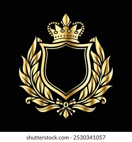 Escudo dourado de luxo com coroa e coroa de louros. Heráldico Brasão de Armas logotipo decorativo ilustração vetorial isolada.