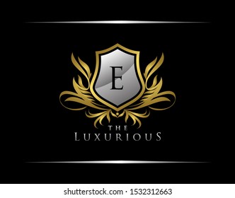 Luxury Golden Shield E Letter Logo. Vintage Shield With E Letter prefect for boutique, hotel, restaurant, wedding and other elegant business. 